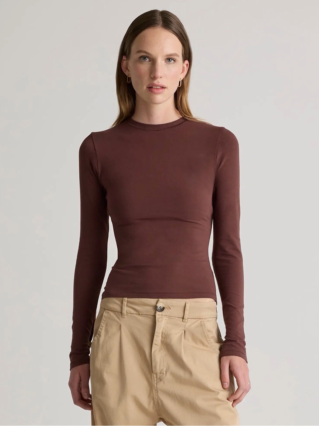 Quince Women’s Stretch Cotton Jersey Fitted Long Sleeve T-Shirt Cocoa Brown S